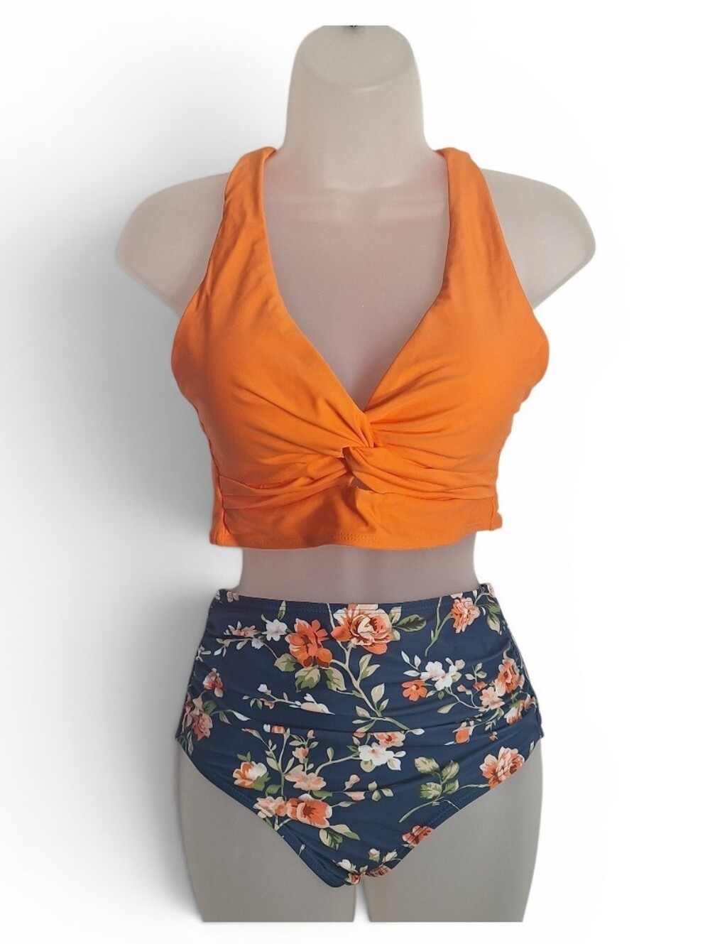 Tempt Me Bikini High Waist Orange Twist Front Swim Top Navy Floral Bottom Small